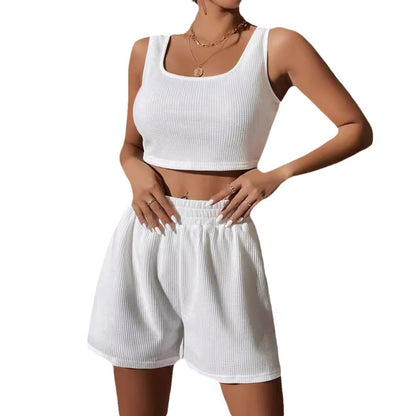 Conjunto casual de dos piezas para mujer, top y pantalones cortos de color liso