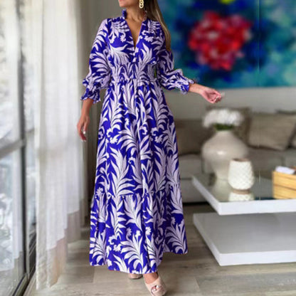 Vestido elegante informal de verano para mujer, con escote en V, estampado floral y volantes, de manga larga