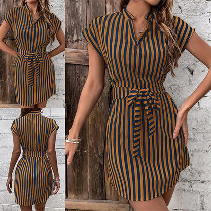 Spring Summer Casual Women Sleeveless Stripe Lace-Up Shirt Dress