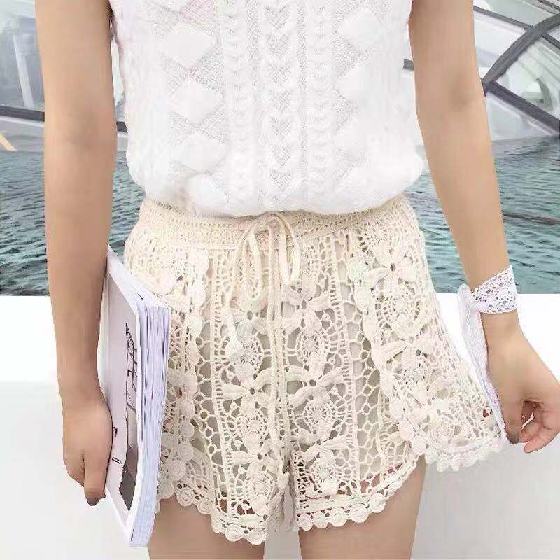 Women Summer Solid Color Crochet Hollow High Waist Casual Shorts