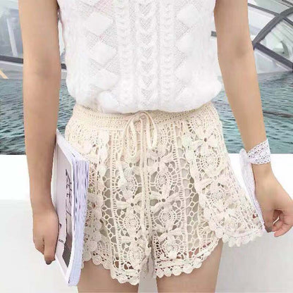 Women Summer Solid Color Crochet Hollow High Waist Casual Shorts