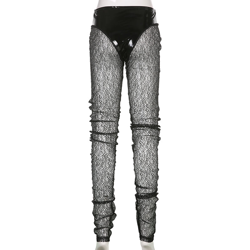 Women Clothes Shiny PU Leather Style Pencil Pant Patchwork See-Through Sexy Casual Long Trousers
