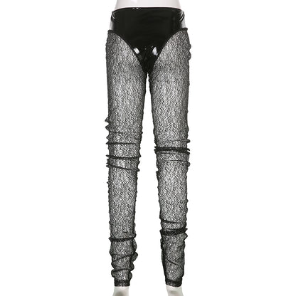 Women Clothes Shiny PU Leather Style Pencil Pant Patchwork See-Through Sexy Casual Long Trousers