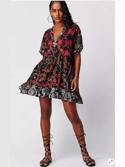 Women Fashion Casual Boho Multicolor Printed Stripe Short Sleeve V-Neck Dress
