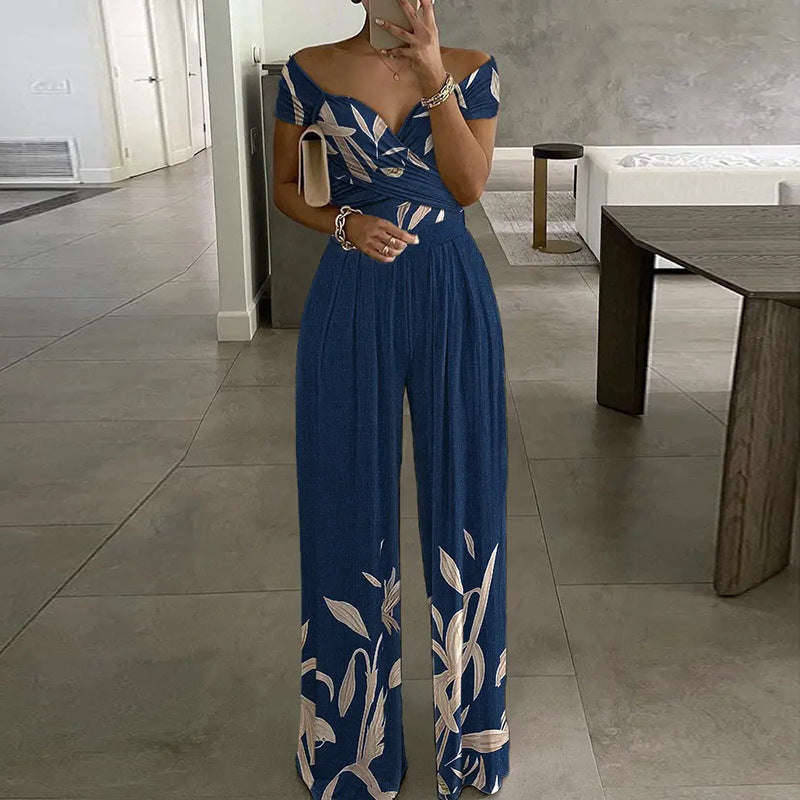Women Elegant Off-shoulder Floral Print Casual High Waist Wed Leg Jumpsuits