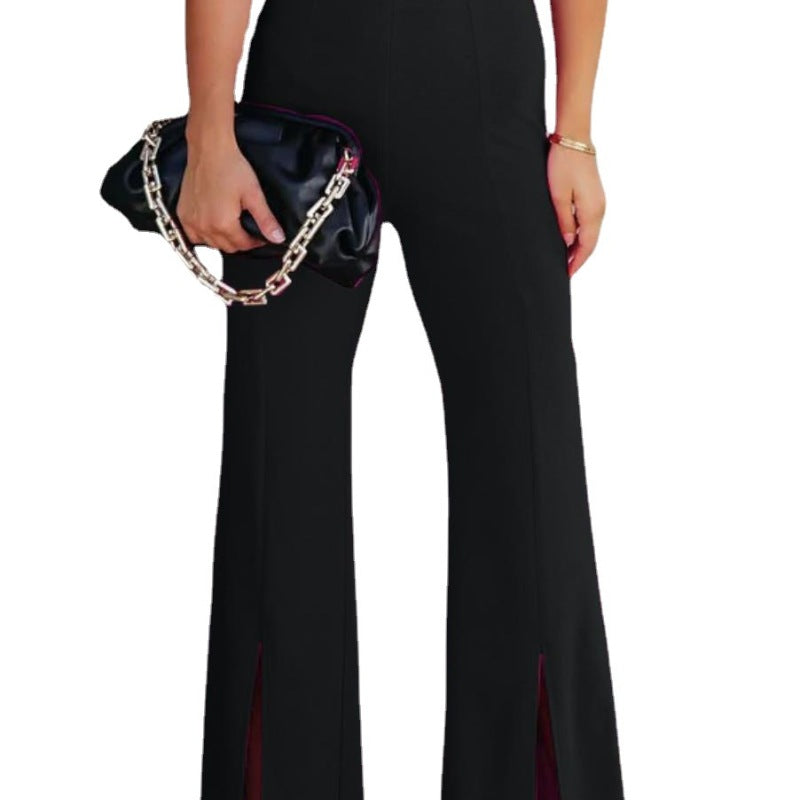 Women Fashion High Waist Elastic Slit Casual Flared Work Pants