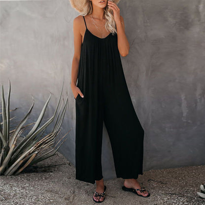women Summer Solid Color Pocket Casual loose Jumpsuits