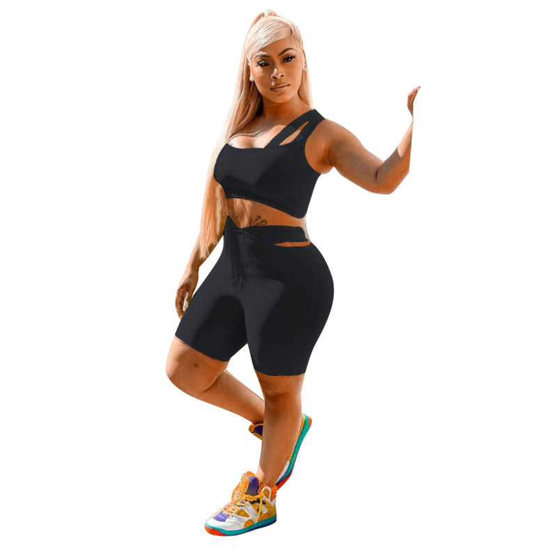 Conjunto de dos piezas de camisola informal de color liso con pantalones cortos calados para mujer
