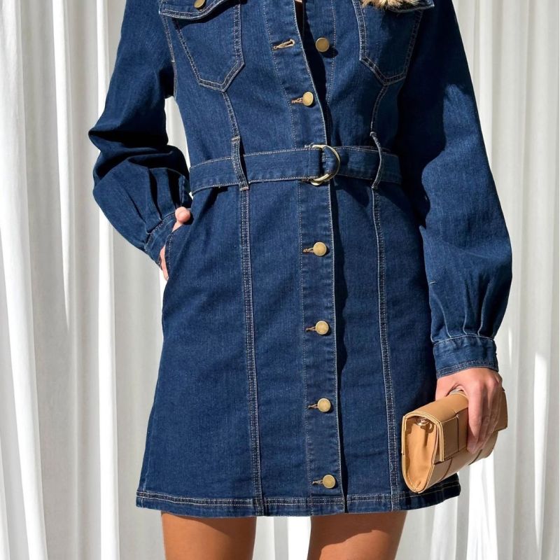 Women Fashion Casual Button Lace-Up Long Sleeve Denim Dress