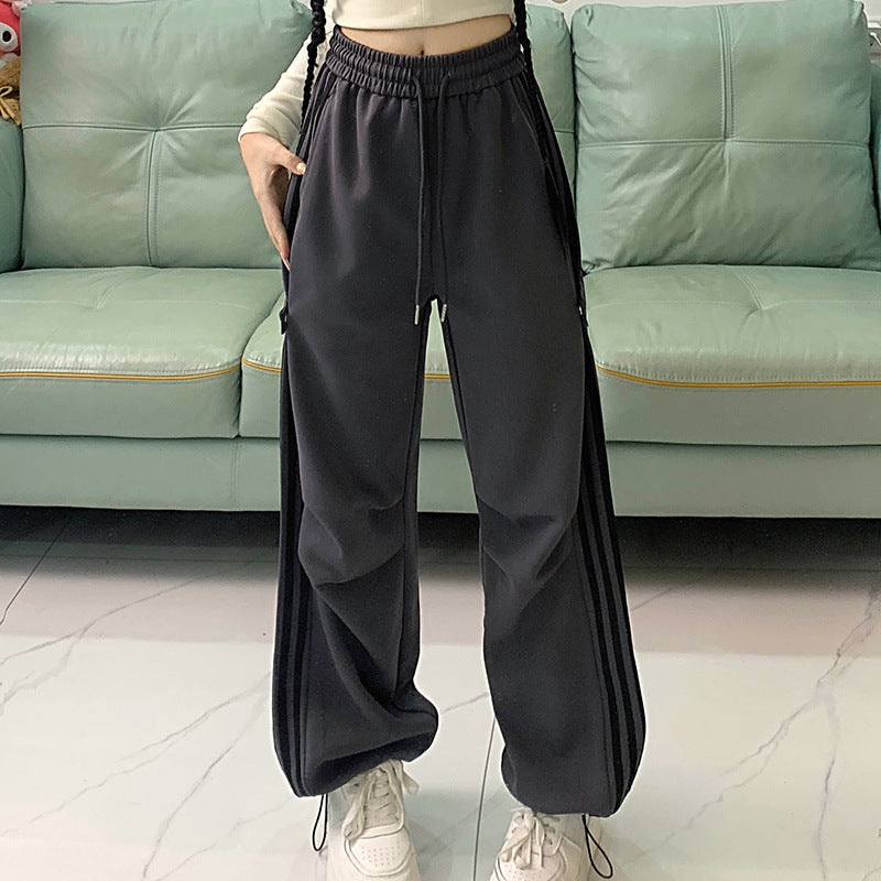 Wide-Leg Overalls Women Loose-Fit Straight Casual Stripe Cargo Pants