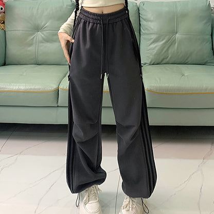Wide-Leg Overalls Women Loose-Fit Straight Casual Stripe Cargo Pants