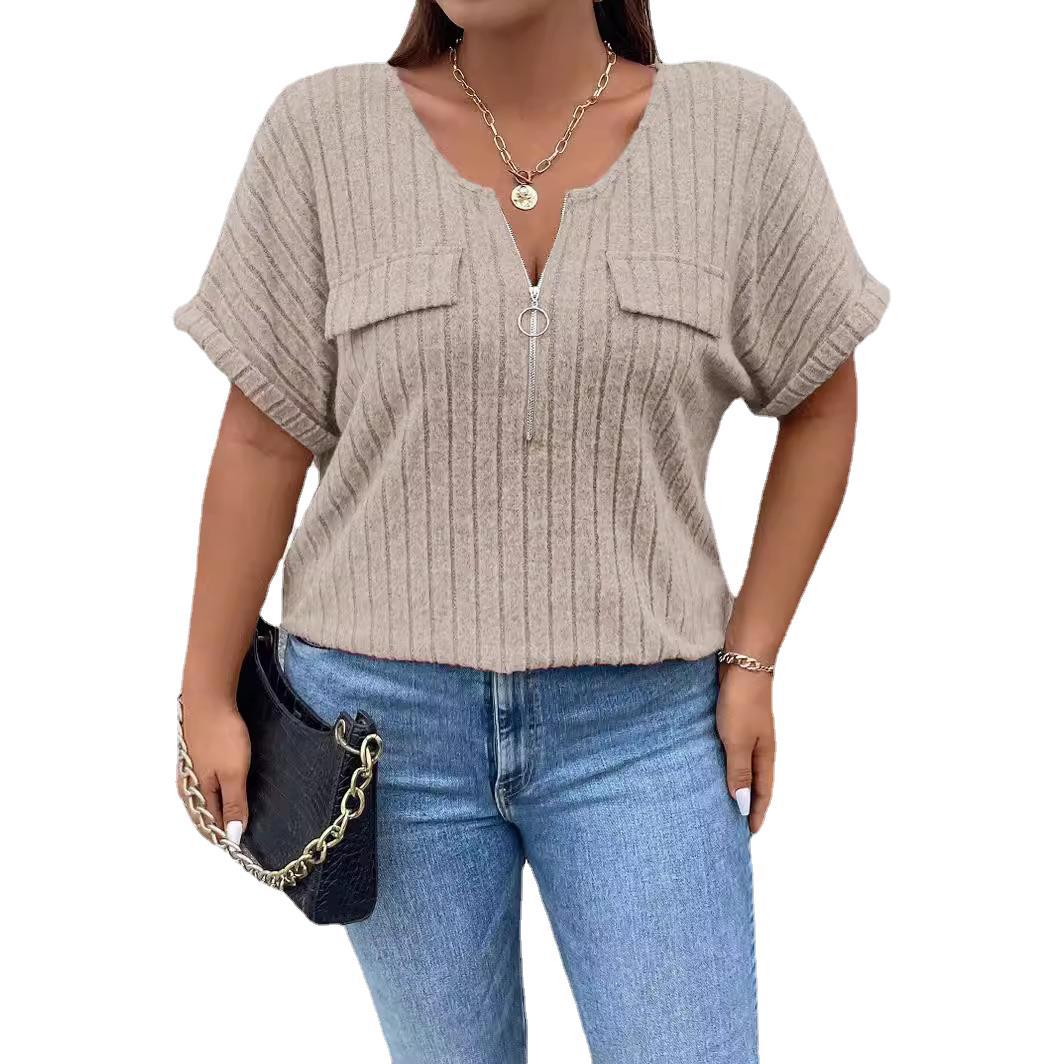 Women Fashion Casual Solid Color Plus Size Zipper Short Sleeve Loose T-Shirt