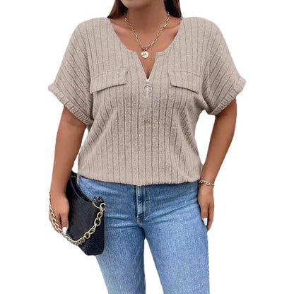 Women Fashion Casual Solid Color Plus Size Zipper Short Sleeve Loose T-Shirt
