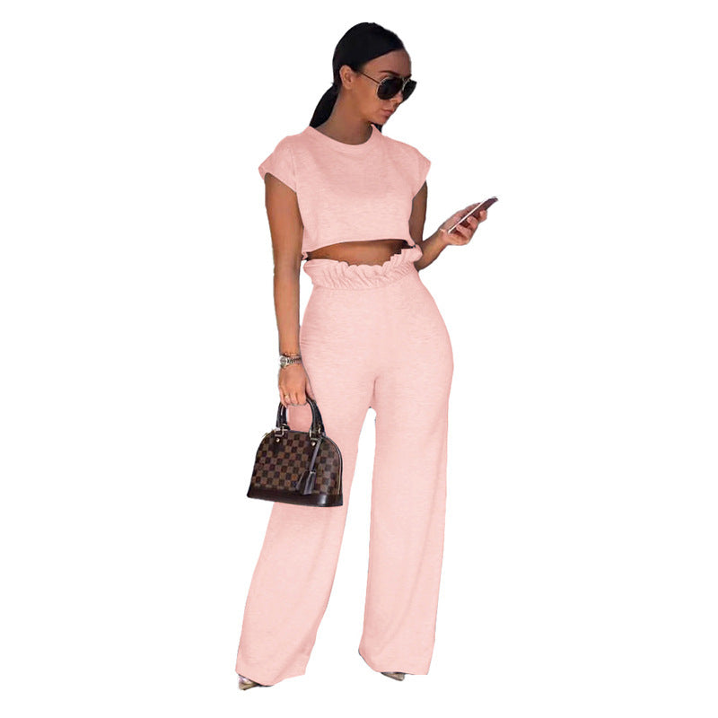 Conjunto de dos piezas de pantalones de manga corta de color liso informal a la moda para mujer