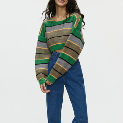 Winter Women Casual Stripe Colorblock Loose Knit Sweater