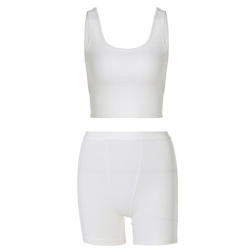 Conjunto informal de dos piezas con camiseta sin mangas y pantalones cortos de color liso para mujer