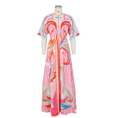 Women Fashion Casual Printed V-Neck Butterfly Sleeve Split Dress