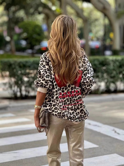 Women Fashion Casual Retro Leopard Printed Long Sleeve Sweatshirt