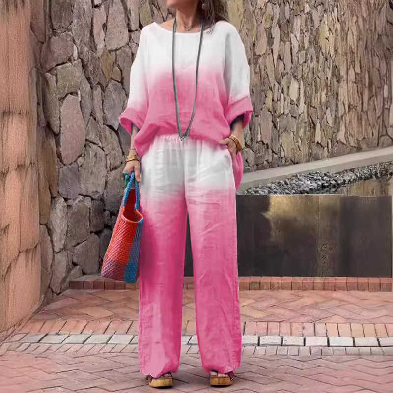 Conjunto de dos piezas de verano para mujer, informal, con degradado, manga larga, pantalones anchos y parte superior