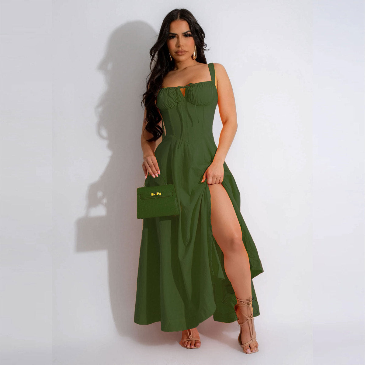 Women Fashion Casual Solid Color Sling Maxi Dress