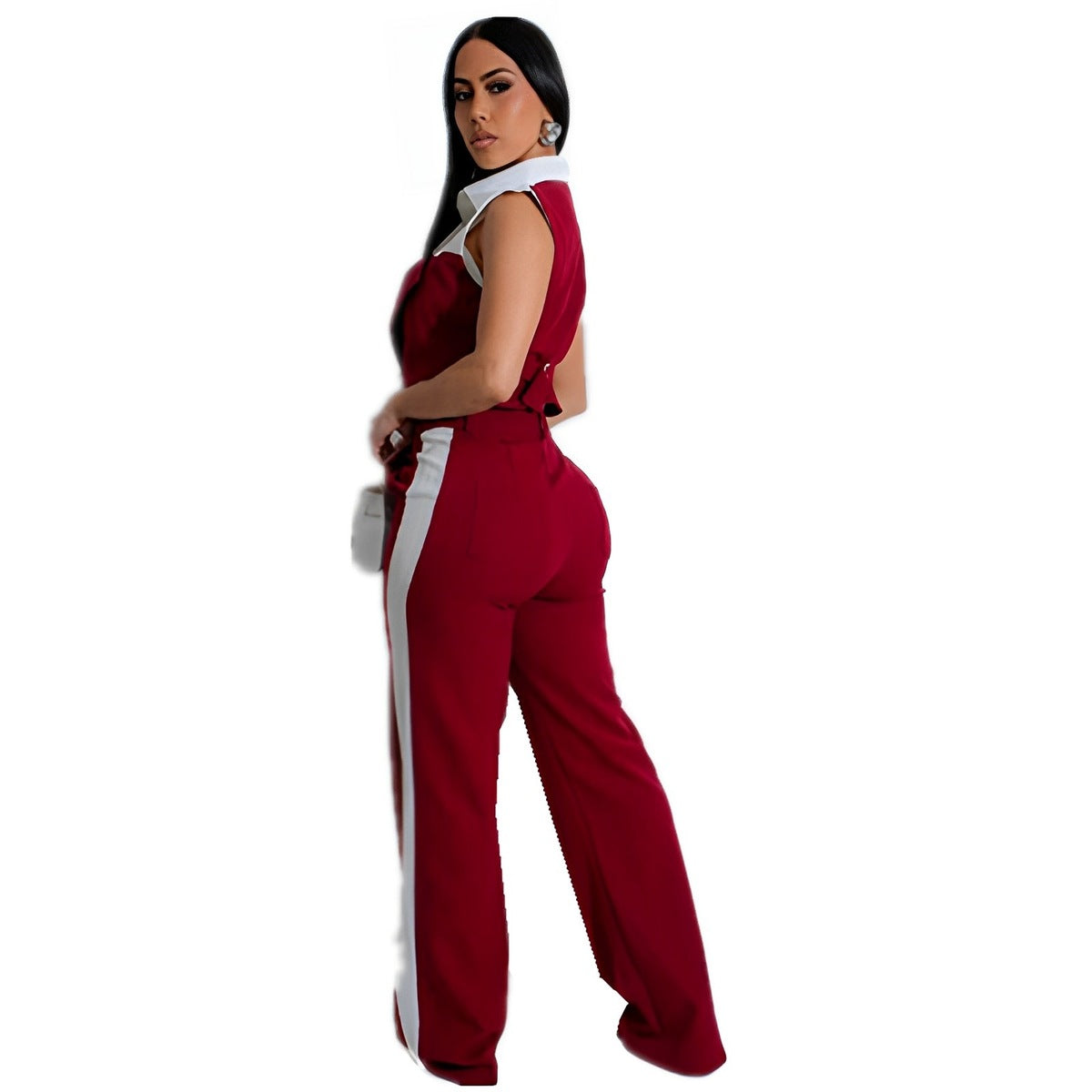 Conjunto de dos piezas de top corto sin mangas con solapa y pantalones ajustados con contraste de color para mujer