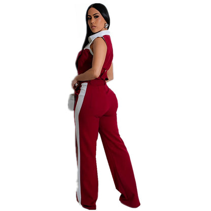 Conjunto de dos piezas de top corto sin mangas con solapa y pantalones ajustados con contraste de color para mujer