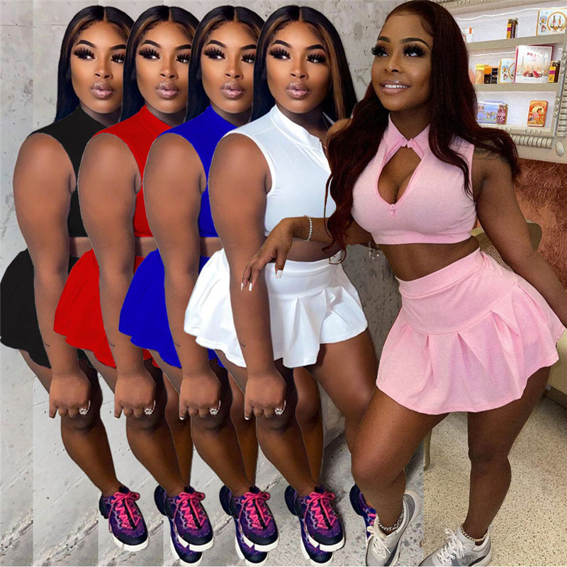 Conjunto de dos piezas de top corto deportivo informal y falda para mujer