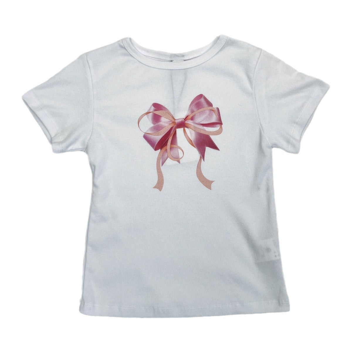 Camiseta informal de manga corta con cuello redondo y estampado de lazo de color liso para mujer