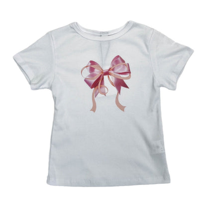 Camiseta informal de manga corta con cuello redondo y estampado de lazo de color liso para mujer