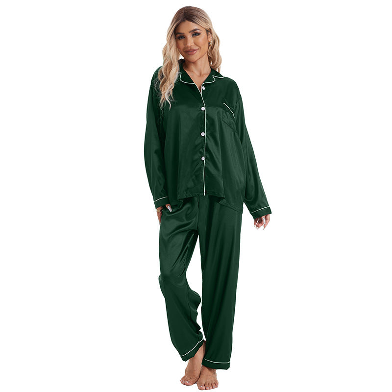 Conjunto de pijama de manga larga de seda helada con solapa informal y sencillo para mujer