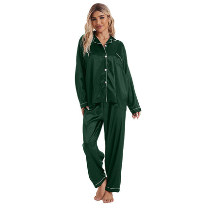 Conjunto de pijama de manga larga de seda helada con solapa informal y sencillo para mujer