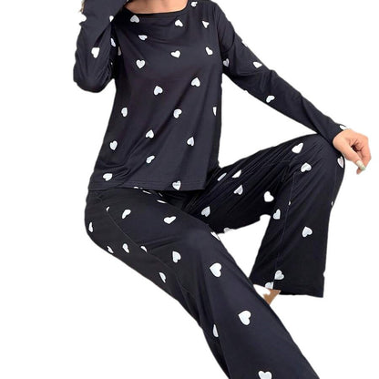 Conjunto de pijama largo informal de dos piezas con estampado de corazones para mujer