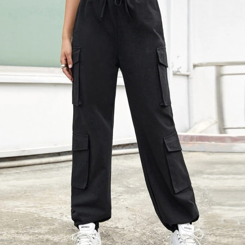 Women Solid Color Elastic High Waist Loose Casual Sports Pants