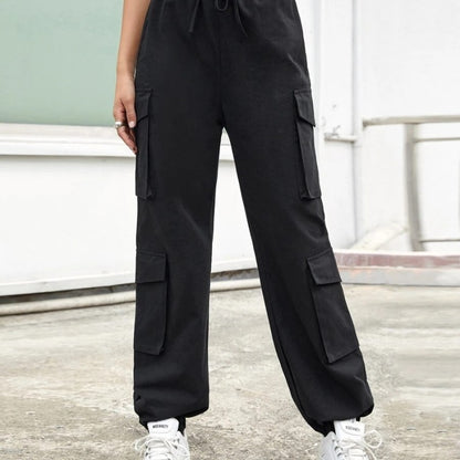 Women Solid Color Elastic High Waist Loose Casual Sports Pants