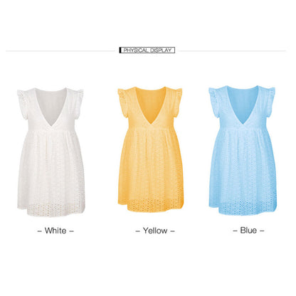 Vestido minivestido elegante para mujer, de color liso, con escote en V, encaje con volantes, sin mangas, corte A, informal, holgado, para playa y verano