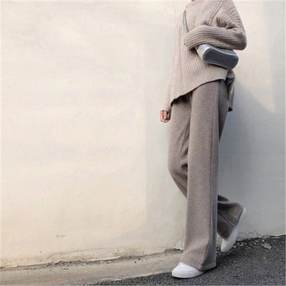 Women Casual Pants Thickened Knitted Wide-Leg High-Waisted Straight-Leg Pendant Long Pants