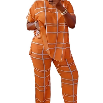 Conjunto de dos piezas informal de talla grande para mujer, con estampado a cuadros, manga corta, pantalones anchos