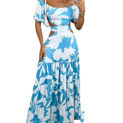 Women Casual Vacation Floral Printed Off-Shoulder High Waist Hollow Ruffled Dress