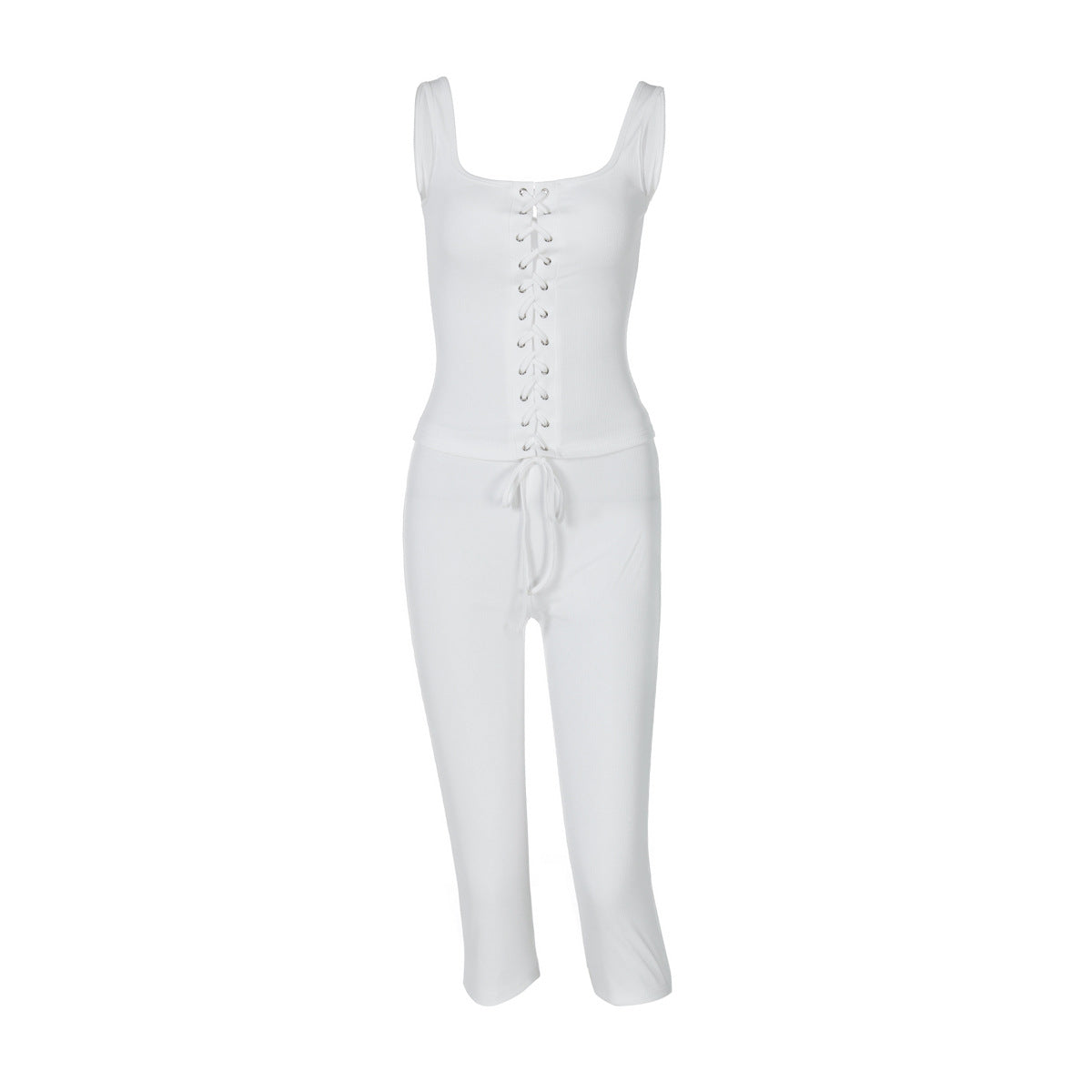 Conjunto de dos piezas de camiseta sin mangas con cordones y pantalones ajustados de color liso para mujer