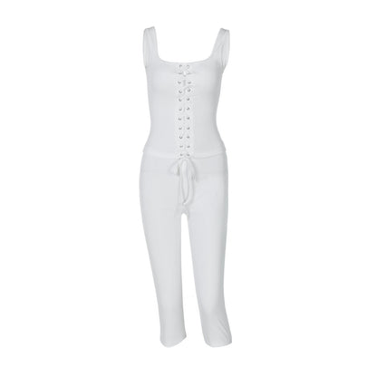 Conjunto de dos piezas de camiseta sin mangas con cordones y pantalones ajustados de color liso para mujer