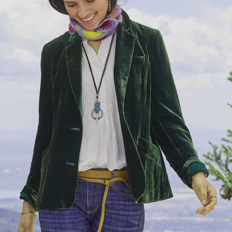 Chaqueta de traje de terciopelo dorado de color liso informal a la moda para mujer