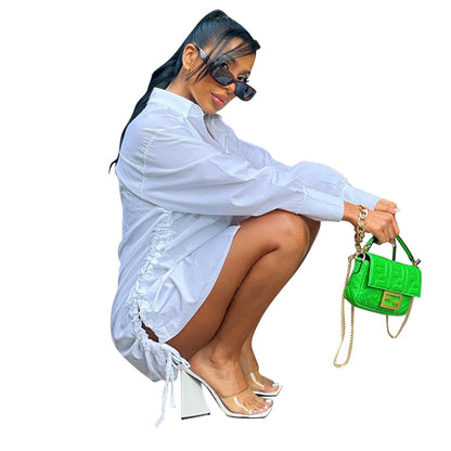 Summer Women Casual Solid Color Hollow Lace-Up Long Sleeve Shirt Dress