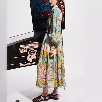 Summer Women Casual Graphic Printed Lapel Bubble Sleeve Lace-Up Dress