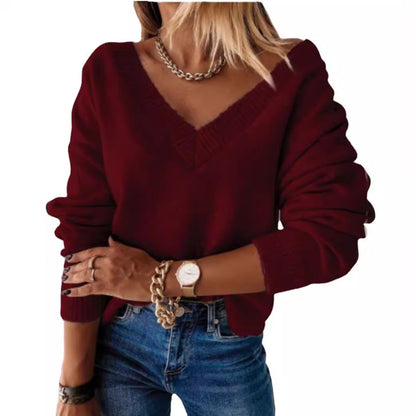 Suéter de punto con cuello en V de color liso informal a la moda para mujer