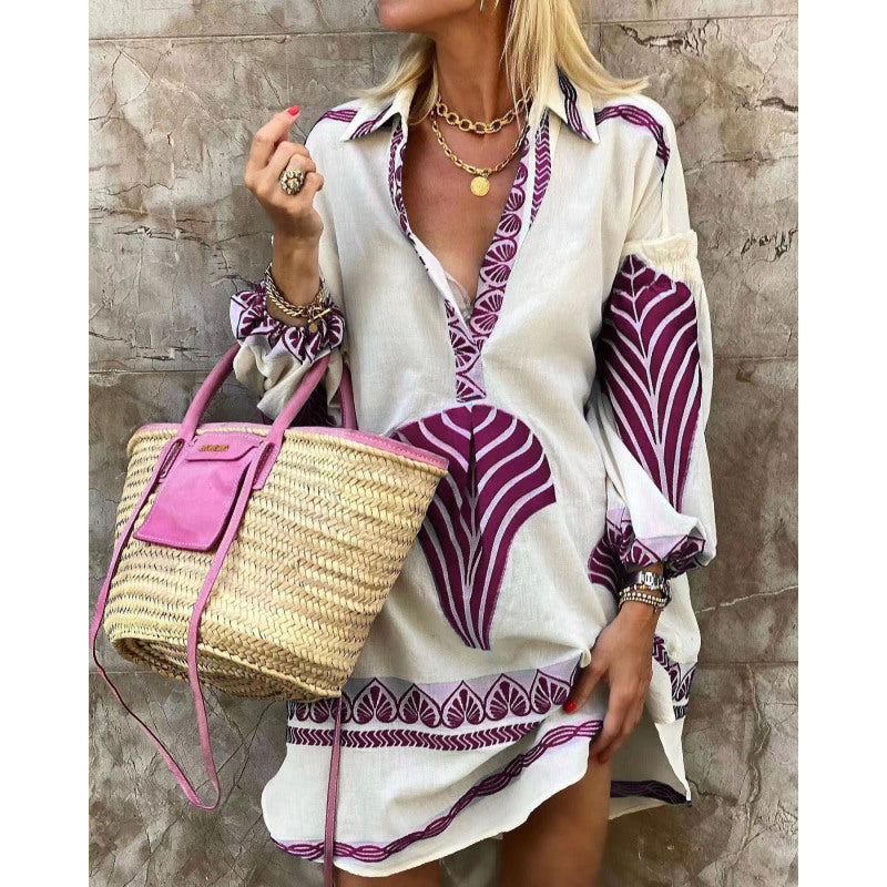 Vestido informal de manga larga con estampado geométrico y escote en V para mujer