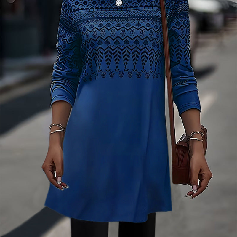 Women Fashion Casual Geometric Print Round Neck Long Sleeve Dress