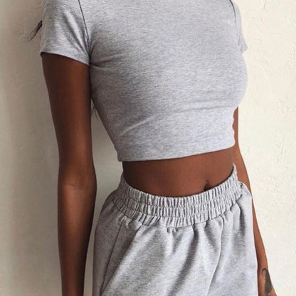 Conjunto de 2 piezas para mujer, top corto informal con cuello redondo y bolsillos, pantalones cortos holgados, traje de dos piezas