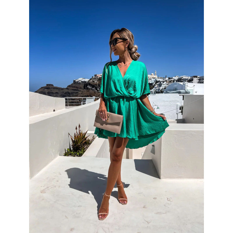 Spring Summer Solid Color Satin Loose Casual Vacation V Neck Dress