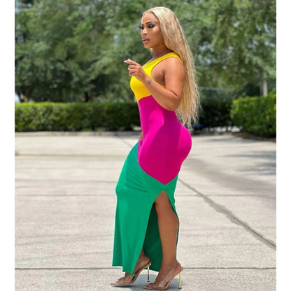 Women Fashion Sexy Casual Round Neck Sleeveless Printed Side Slit Tank Dress