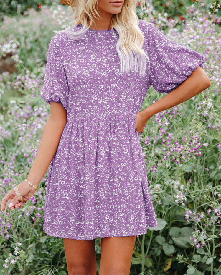 Vestido informal holgado de manga corta con estampado floral y mangas farol para mujer